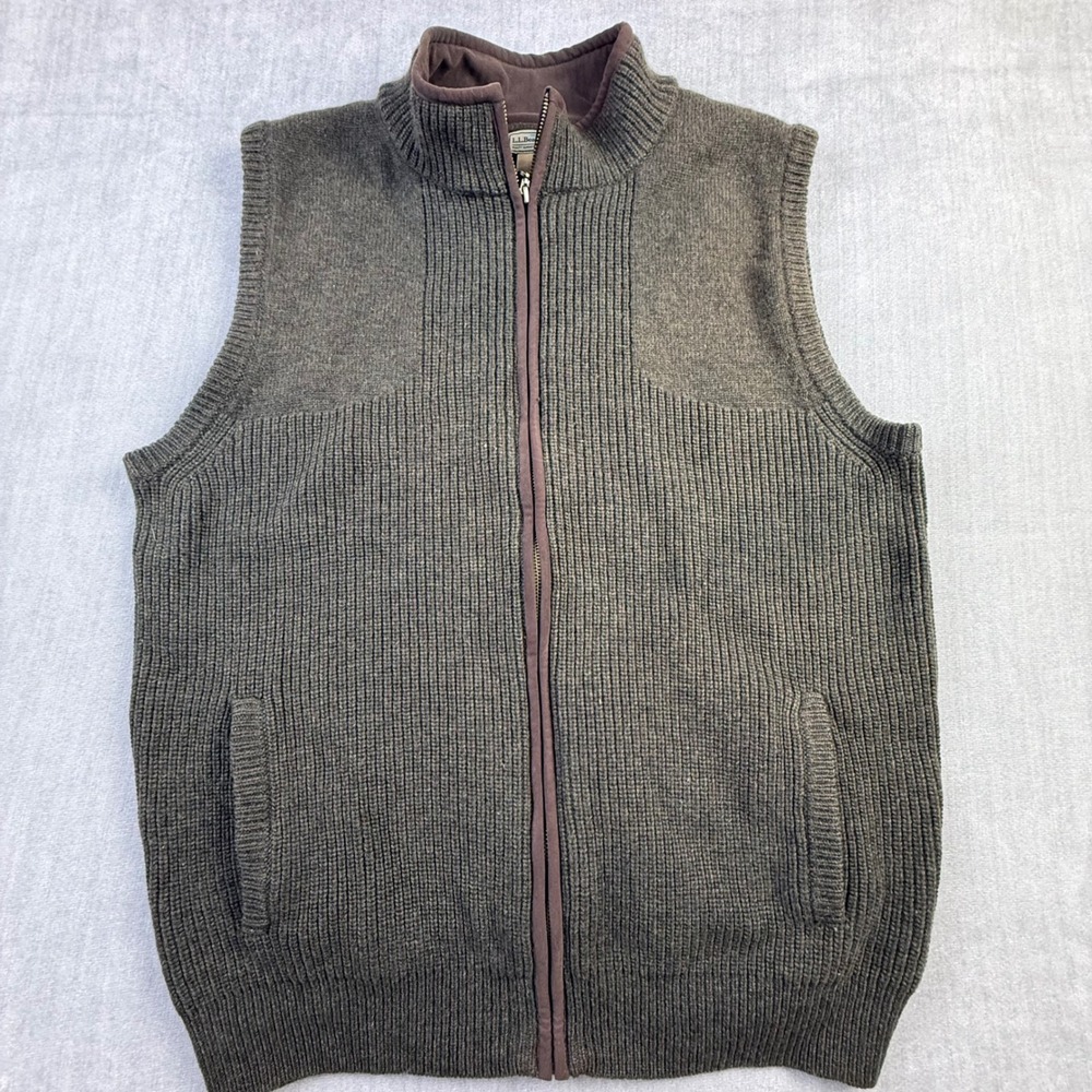 LL Bean Mens XL Merino Lambswool Full Zip Sweater Vest Olive Green 245457 Ribbed